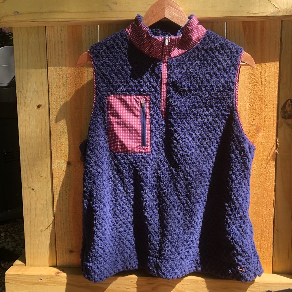 Peter Millar Womens Navy Fleece Quarter Zip Vest with Red-Pink Trim Side Zip